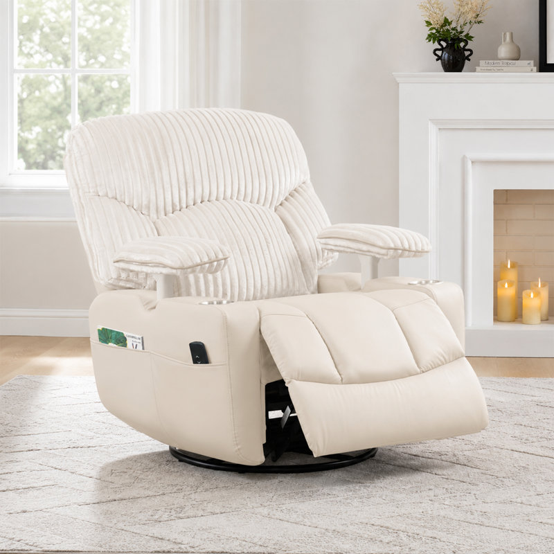 Modern Corduroy Upholstered Recliner PU Leather Seat Chair, 270-Degree Swivel Rocker Recliner With Adjustable Armrest &Cup Holders For Nursing, And Living Room Relaxation, Beige