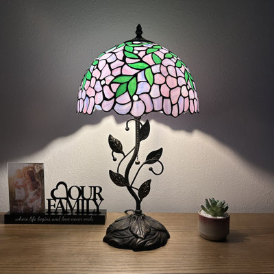 Meryem Tiffany Table Lamp Purple Stained Glass Green Leaves Iron Metal Leaves LED Bulb 22"H*12"W*12"D