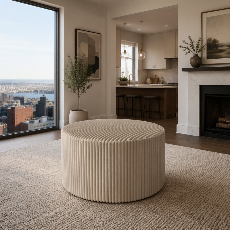 Pouf entièrement comprimé, revêtement en velours côtelé, Chameau