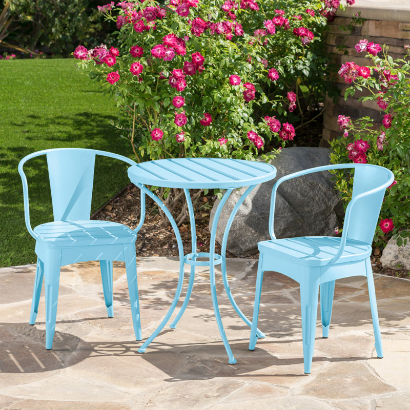 ENSEMBLE 3 PIÈCES EN MÉTAL - Ensemble bistro mat moderne pour espaces extérieurs compacts, résistant aux intempéries et empilable