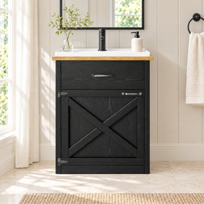24" Farmhouse Bathroom Vanity with Ceramic Sink, Drawer and Barn-Style Door