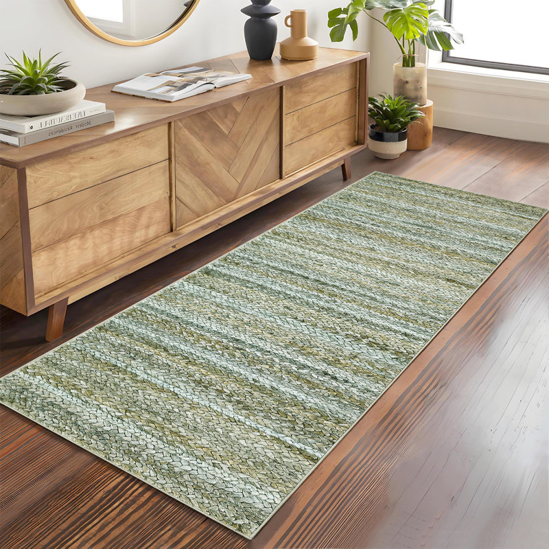Tapis moderne neutre lavable pour le salon de la chambre à coucher, Green, Runner 2' x 6'