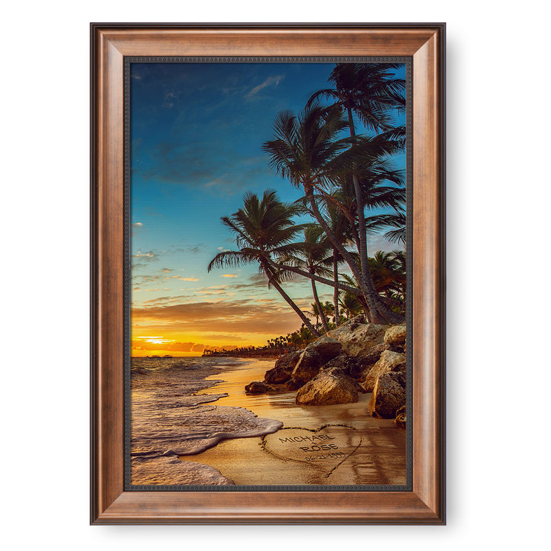 Art mural personnalisé sur toile de plage tropicale personnalisée avec noms et date sur mesure - Décor romantique de palmier au coucher du soleil