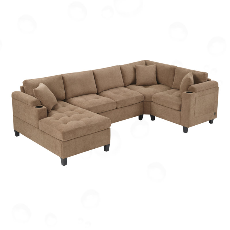 U-Shaped Sectional Sofa With Built-In Cup Holders, Storage Space And USB Ports, Brown