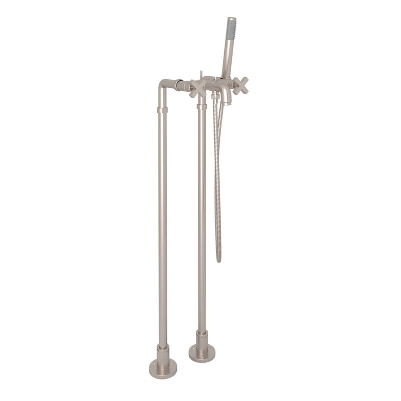 Lombardia Floor Mount Tub Filler, Satin Nickel, Cross Handle