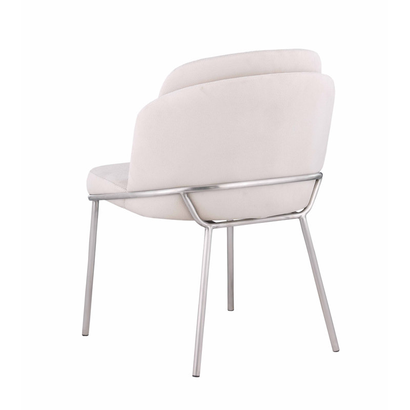 Kamila White Fabric Upholstered Side Chair with Brushed Stainless Steel Legs