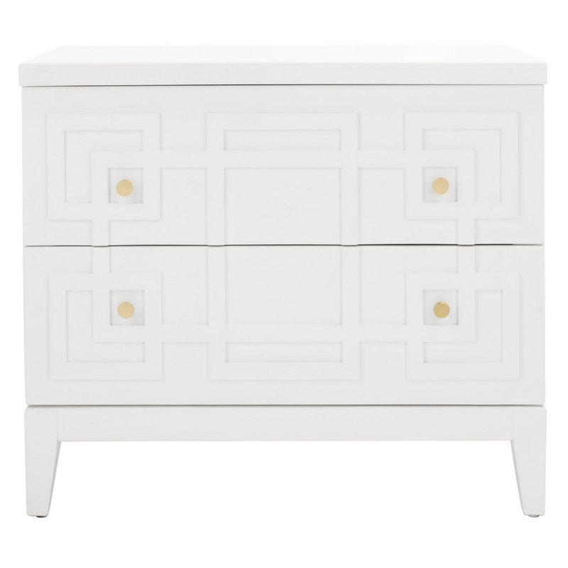 Elegant Holdenville 31.5'' W Nightstand – White Wood with Geometric Design, Gold Handles & 2 Drawers