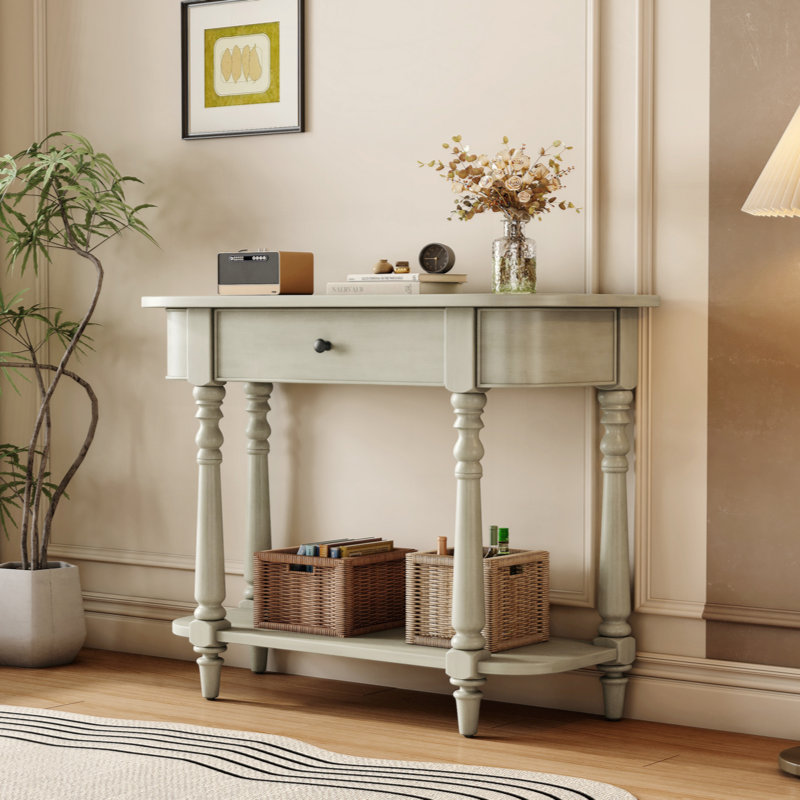 Narrow Console Table with Curved Corner, Retro Entryway Table with Top Drawer and Open Shelf, Sofa Table for Entryway, Hallway and Living Room