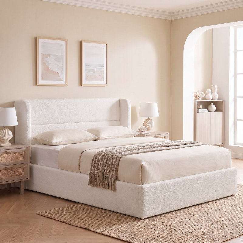 Lit plateforme tapissier avec rangement Gaillarde, Double, Blanc