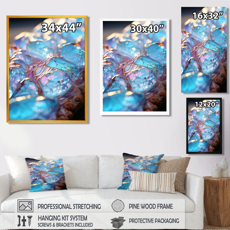 Structure de cristal turquoise - reproduction d'art abstrait mural, Toile avec cadre flottant noir