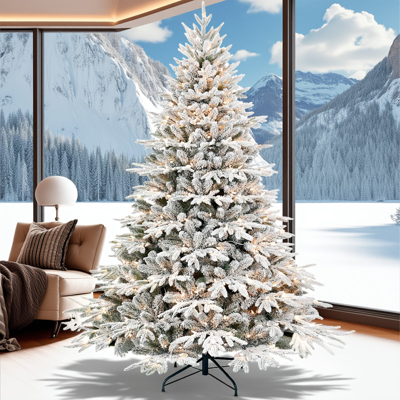 Arbre de Noël artificiel floqué pré-éclairé avec lumières incandescentes blanc chaud, pe + pvc enneigé avec branches en fil mémoire à mémoire, support en métal pliable pour les Fêtes