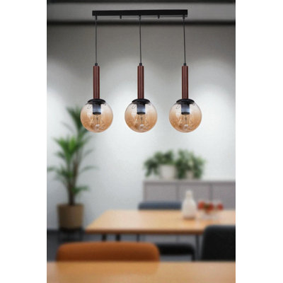 Lustre réglable élégant, structure en métal avec capuchon en verre, 15 x 15 x 31,5 pouces | Finition miel, noyer et noir | 3 x douilles E27 (40 W maximum) | Parfait pour la salle à manger et l'espace de vie, éclairage élégant et fonctionnel