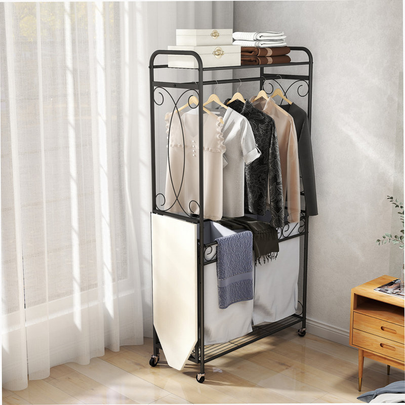 Organisateur de panier à linge multifonctionnel avec rail de suspension et tablette de rangement