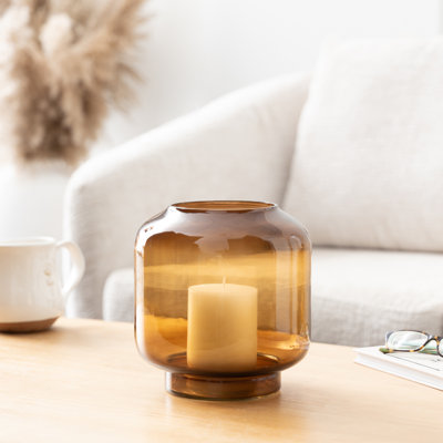 Cole and Grey Glass Tinted Wide Brown Room Hurricane Lamp with Elevated Base