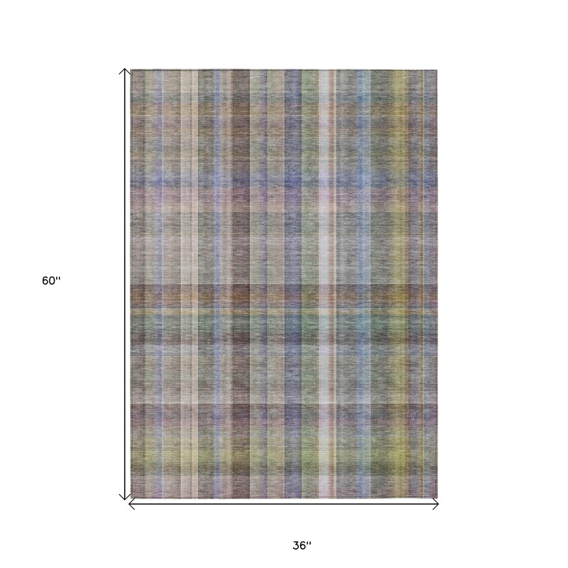 3' X 5' Grey Plaid Washable Non Skid Indoor Outdoor Area Rug