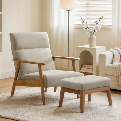 Upholstered Solid Wood Armchair with Ottoman