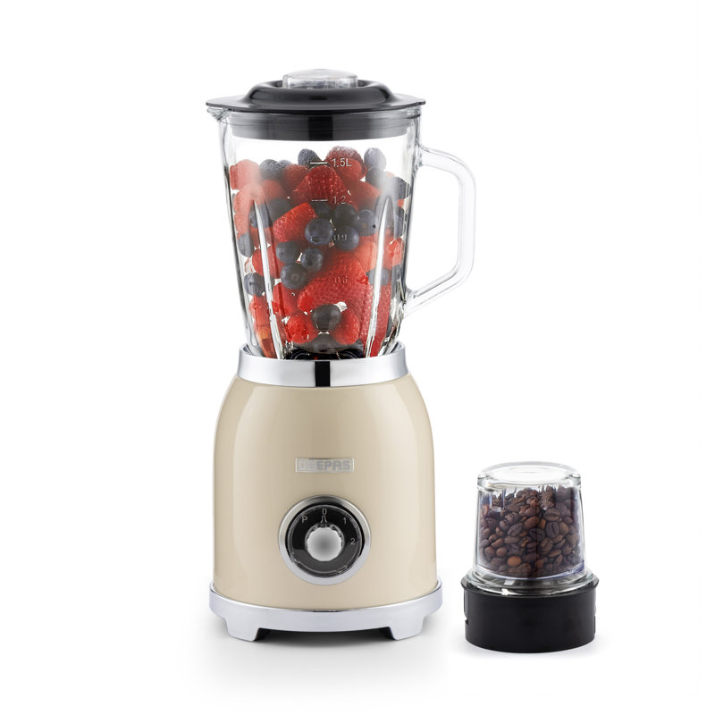 GEEPAS Retrovive 2-in-1 Food Jug Blender | Smoothie Maker with 1.5L Glass Juice Jar & Mini Coffee Spice Grinder Mill | 6 Stainless Steel Ice Crusher Blades | 2 Speed with Pulse Safe Lock | 800W