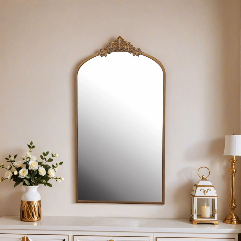Wall Mirror 43x24 Inch Vintage Ornate Arched Floor Mirror Metal Framed Mirror Dressing Mirror, for Entryway, Living Room, Bedroom,  Antique Bronze