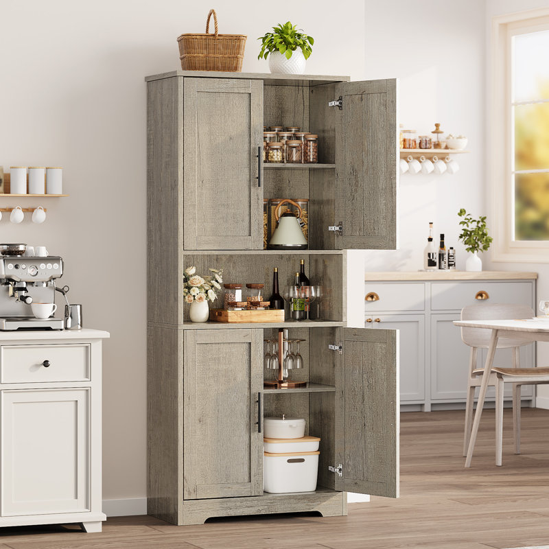Grand garde-manger autoportant moderne pour le salon - armoire de rangement 70 po avec portes, tiroirs et tablettes réglables - Organisateur de maison polyvalent - Gris - Avec 1 grille, nouveau gris