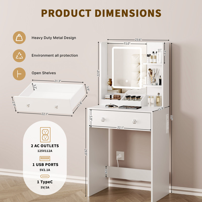 34" W Vanity Desk Set With Led Lighted Mirror & Power Outlet, Makeup Table Top with 3 Open Bookcases, 2 Drawers, Dresser Table for Bedroom, Checkroom