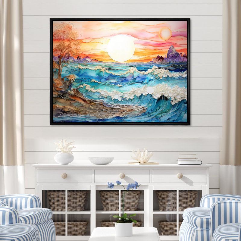 Rainbow Ocean Sunrise - art mural océan, H 12 po x l 20 po x P 1 po, Cadre flottant noir