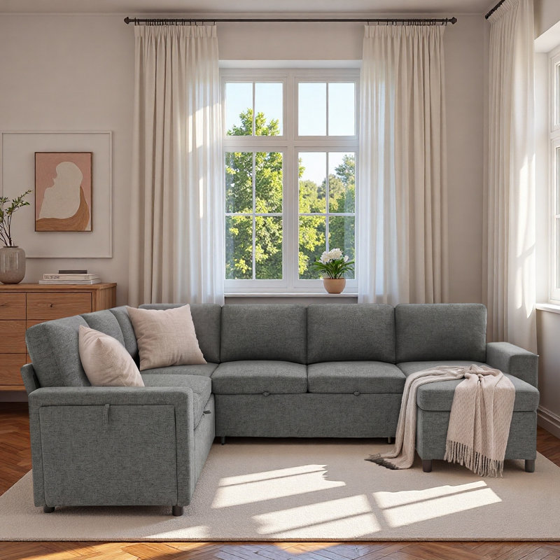 Canapé-lit modulaire en U convertible avec rangement, ports de chargement USB et porte-gobelets, Grey Chenille