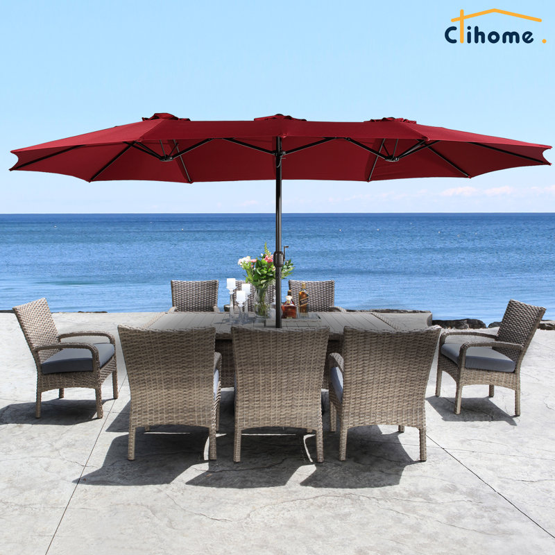 15 Ft Red Steel Market Patio Umbrella with Base