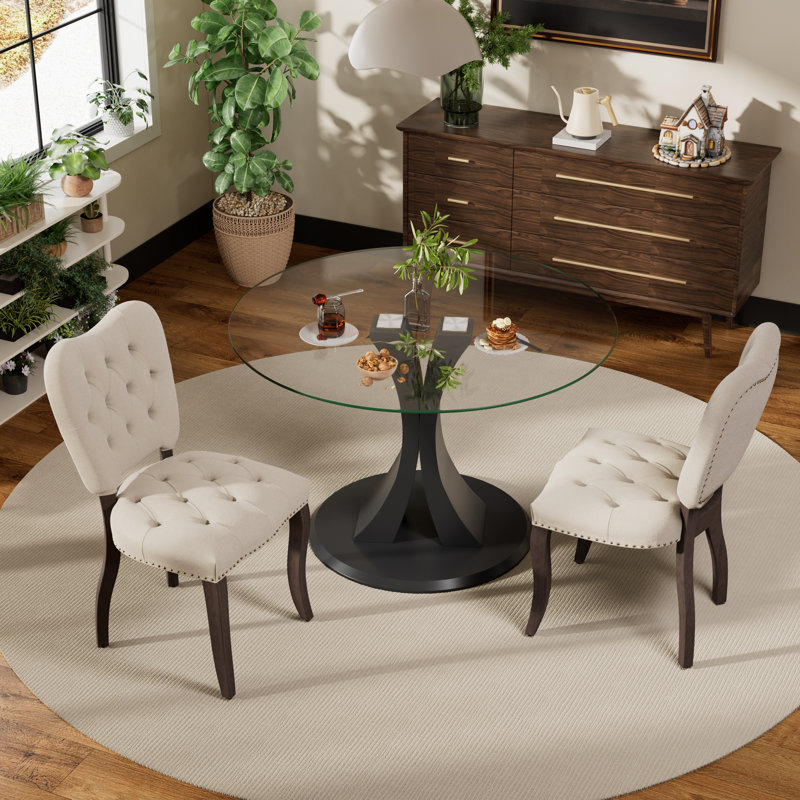 Ensemble de salle à manger rond en verre trempé avec chaise capitonnée rembourrée, Beige, 3