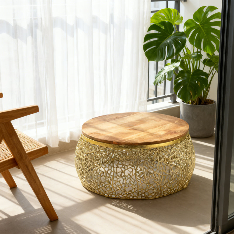 Table basse en aluminium avec plateau en bois de manguier