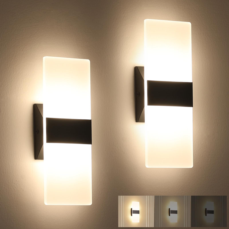 Dimmable Modern Wall Sconce with Rectangular Acrylic Lampshade, 3000K Hardwired, Black