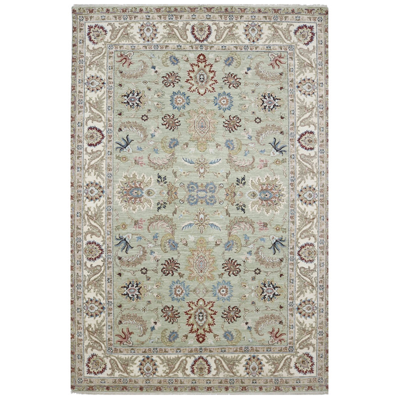 Tapis vert / ivoire noué à la main de haute qualité, Rectangle 8 pi x 10 pi