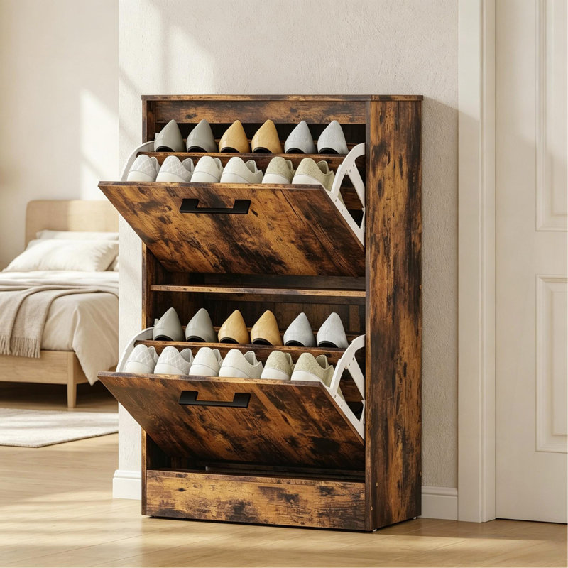 Armoire à chaussures 2 tiroirs rabattables avec diviseurs réglables, Brun rustique