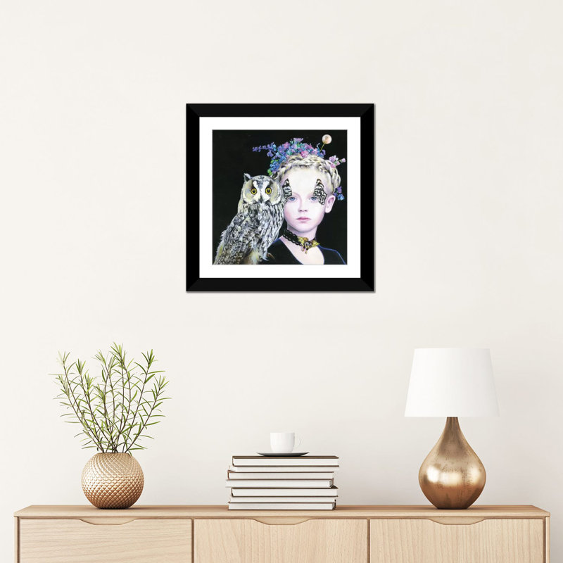 « il gufo e la principessa », impression sur toile, H 16 po x l 16 po x P 1 po, Papier d'art encadré noir, Blanc