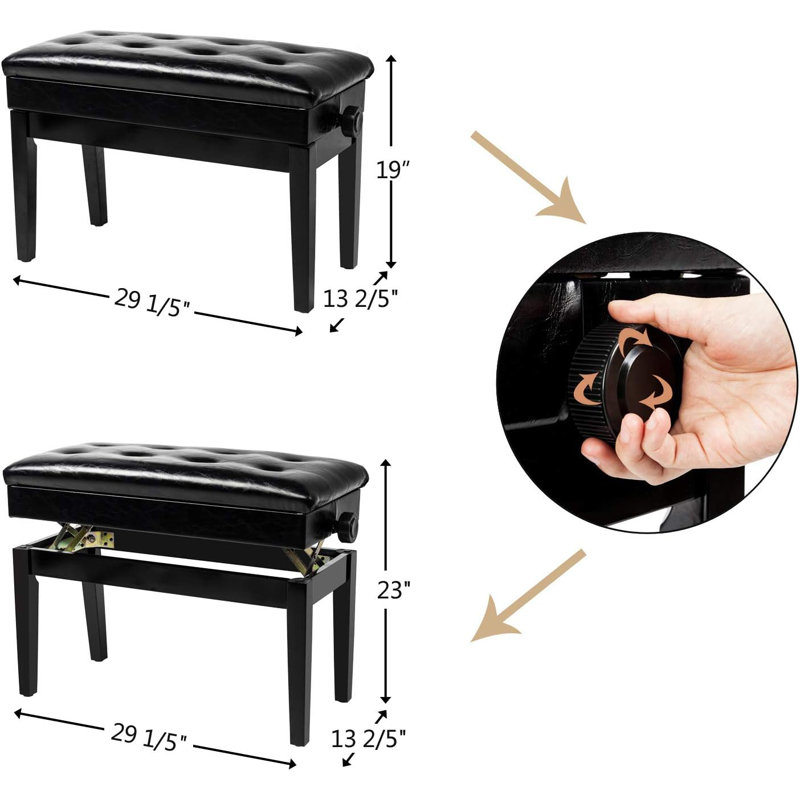 Banc de piano noir à boutons, hauteur réglable, H 18,9 po x l 29,5 po x P 13,78 po