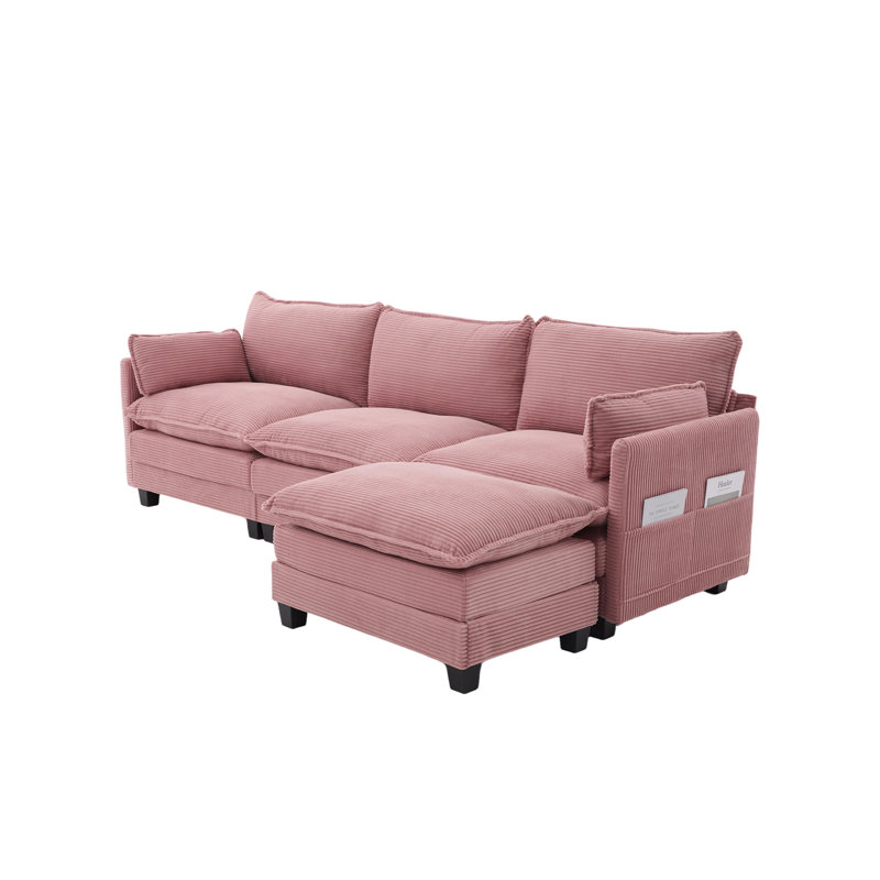 Canapé modulaire à méridienne pièce, Velours côtelé rose