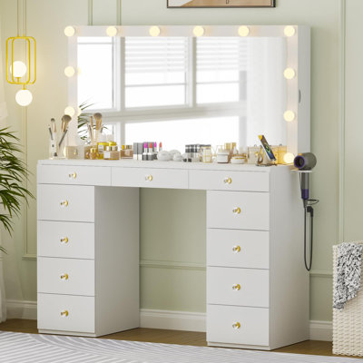 Coiffeuse 47,2 "avec tablettes coulissantes, miroir lumineux, prise USB et prise de courant et 11 tiroirs, blanc