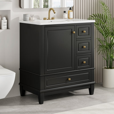 Meuble-lavabo 30 po avec lavabo, une porte avec tablette et trois tiroirs, porte à fermeture douce, noir