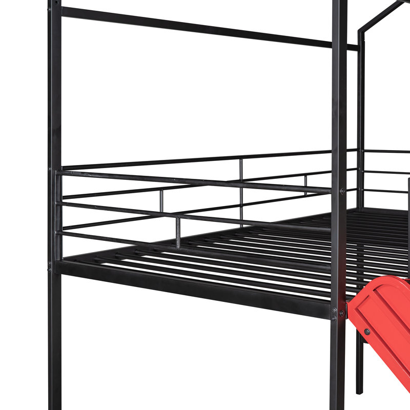 Wanetta LucentRustic Bunk Bed With Ladder And Slide, Pine Wood And MDF, Black/Red