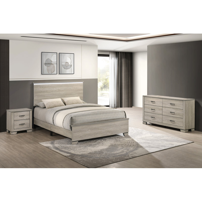 Ensemble de chambre à coucher rustique avec tête de lit à DEL, Grège, Trois articles : lit, table de chevet, commode, Reine