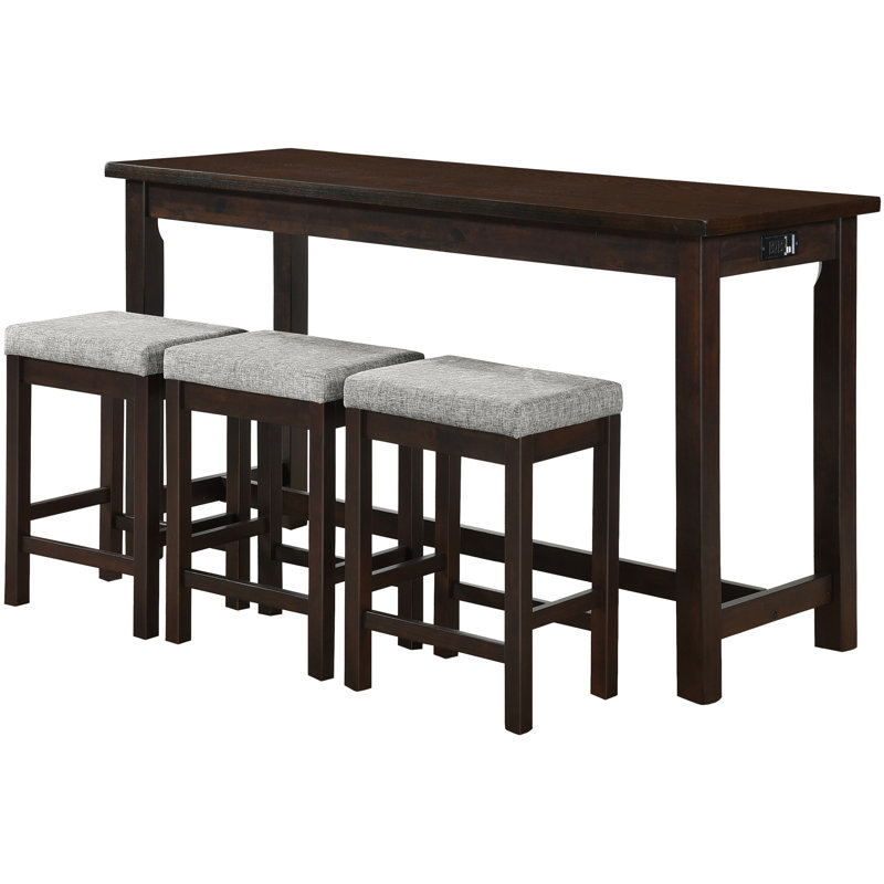 Counter Height Dining Table - 4pc With 3 Stools Ports & Storage Drawer Power Outlets Upholstery, Espresso