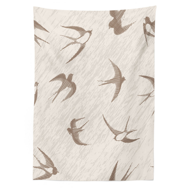 Birds Tablecloth, Flying Bird Swallow Vintage Design Illustration Springtime Wildlife Classic Art, Rectangular Table Cover For Dining Room Kitchen Decor, 60" X 84", Beige Brown