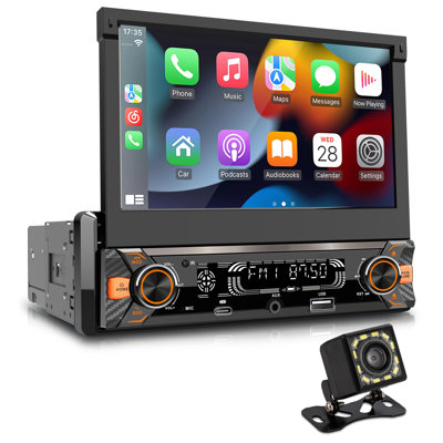 Pyle 7" Single DIN Car Stereo | Apple CarPlay & Android Auto, Flip-Out 7-Inch IPS Touchscreen, Bluetooth, 1080p Backup Camera, AM/FM, USB, 240 W | Single DIN Head Unit Receiver