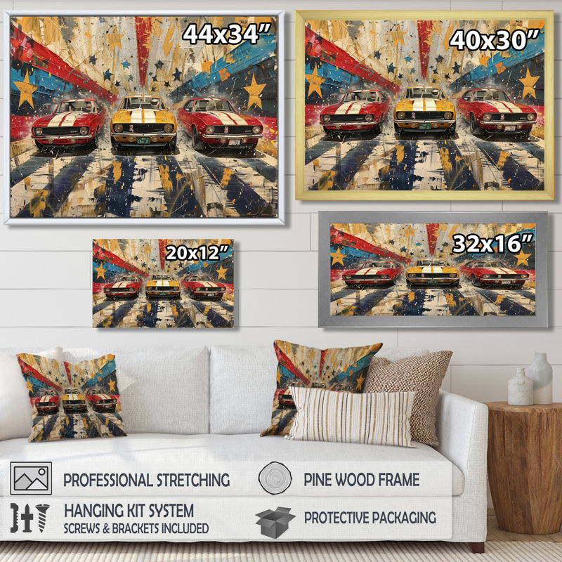 Drapeau américain de couleur rétro Muscle Race II - Piste de course murale, Toile tendue, H 30 po x l 40 po x P 1,5 po