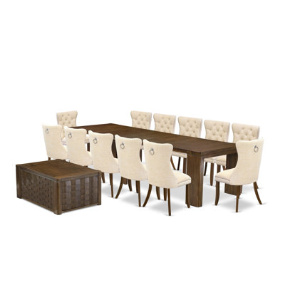 14 Pieces Extendable Dining Set Includes a Rectangle Kitchen Table, 1 Coffee Table and 12 Light Beige Polyester fabric Dining Chairs, Antique Walnut