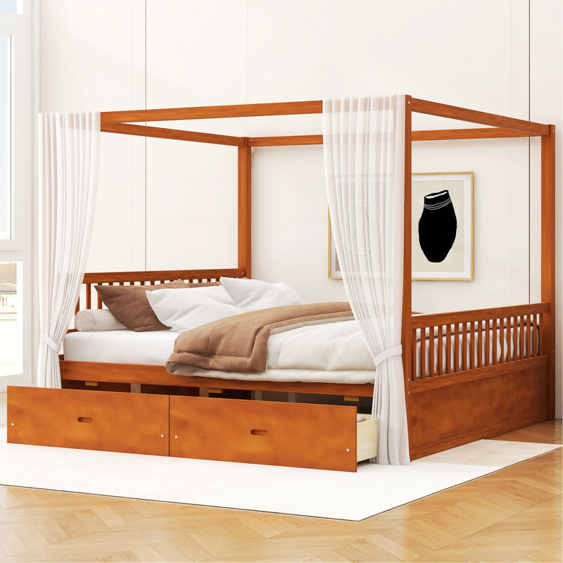 Wooden Canopy Bed With Storage Drawers, Très grand lit, Walnut