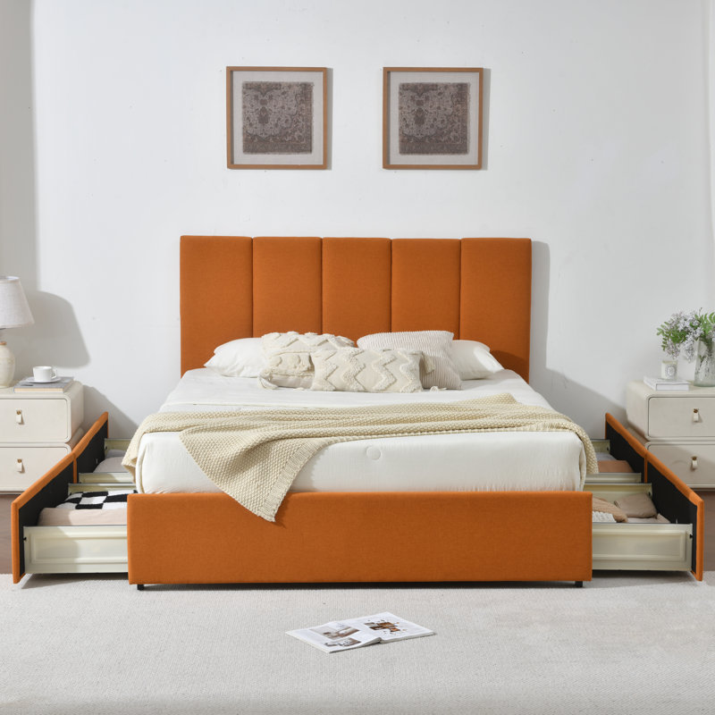 Juanetta Upholstered Platform Storage Bed with 4 Drawers, Queen, Orange
