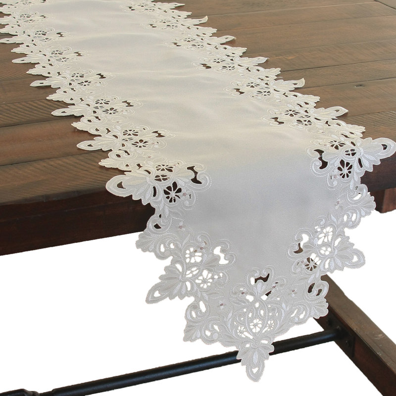 Victorian Lace Embroidered Cutwork Table Runner, 34" L x 16" W, Taupe