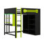 Lit mezzanine de jeu double avec bureau et garde-robe ouvert, structure en bois avec zones de rangement et éclairage intégré-207929671