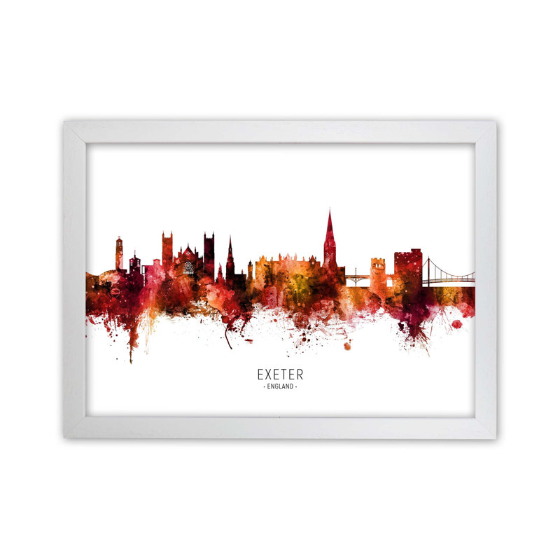 Exeter England Skyline Red City Name by Michael Tompsett - Print, White Framed, 21cm H x 29.7cm W x 3cm D