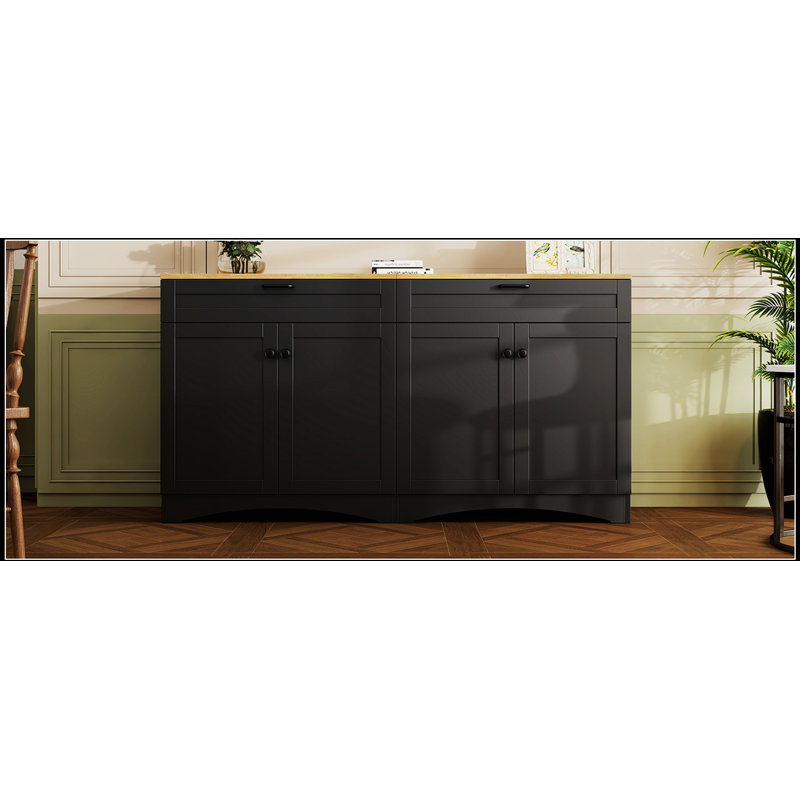 Farmhouse TV Stand with 2 Drawers for TVs Up to 70 Inches, Versatile Wood Grain Sideboard with Adjustable Shelves and Rustic Handles, Mid-Century Buffet Cabinet for Living Room/Bedroom, Black